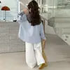 Conjunto de Camisa Primavera e Verão para Meninas 2026 Moda Estilo Coreano Casual Conjunto de Camisa com Xale e Calça para Crianças Mais Velhas