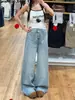 Calça Jeans Azul Claro de Botão Duplo Wide Leg Feminina Outono Tamanho Plus Size Calça Reta Solta Cintura Alta Caimento Valoriza Perna Skinny Comprimento Total
