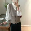 Chaleco de punto de tweed con cuello en V estilo coreano para mujer con bolsillos a rayas y botones de perla, adecuado para usar en capas en otoño