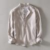 L959 camisa casual masculina de algodão e linho estilo coreano slim fit cor sólida gola alta pullover manga longa camisa de algodão e linho masculino