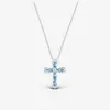 Collar con Colgante de Cruz de Diamante Azul Océano, Cadena Clavicular Versátil de Alta Gama Estilo Francés para Mujer, Accesorio Estilo Vacaciones de Verano en la Costa