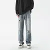 Jeans Rasgado Masculino Novo para Primavera e Outono Retro High Street Tendência Versátil Solto Lavado Calça de Perna Larga Masculina