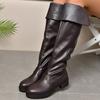 Botas de Cuero de Caña Alta con Tacón Alto de Nuevo Tamaño Grande Transfronterizas para Mujer 2024 Nuevas Botas de Moda sin Cordones con Punta Redonda y Tacón Grueso