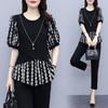 Conjunto elegante e moderno de menina gordinha de tamanho grande, feminino, verão 2023, novo, manga curta, solto, cobertura de barriga, estampado, conjunto de duas peças
