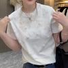T-shirt Feminina Transfronteiriça Europeia e Americana Heavy-Duty com Laço e Hotfix Tridimensional de Manga Curta para o Verão 2025, Nova, Solta e Versátil para Mulheres
