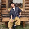 Camisa de Mezclilla Vintage Lavada Retro Japonesa de Manga Corta para Hombre, Verano Delgada Elegante Cuello Campana Ropa de Trabajo Manga Media Moderna
