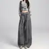 Calça casual de cintura alta com punhos e perna larga em estilo de rua americano para mulheres, tendência de primavera e outono, solta, modeladora, comprimento total