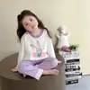 Pijama Nuevo 2026 para Niñas, Primavera y Otoño, Seda de Hielo Acanalado Cuello Redondo Pantalón Largo Set de Dibujos Animados Ropa de Casa
