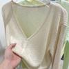 Gelo de seda malha Cardigan fino mulheres verão protetor solar blusa casaco 2024 novo V-Neck exterior curto top camisa pequena