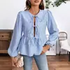 Camisa de Manga Puff Hueca a Rayas Cuadros Nueva Europea y Americana con Lazo Top de Manga Larga