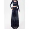 Pantalones de Mezclilla Suave de Pierna Ancha de Tiro Alto Azul Retro Populares para Mujer, Estilo High Street Americano Otoño/Invierno Pantalones Rectos de Longitud hasta el Suelo