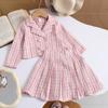 Ropa para Niños Transfronteriza Niña Cuadros Dama Dulce Rosa Cuadros Tweed Pequeño Aroma Traje de Dos Piezas Falda