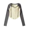 Camiseta de Manga Raglan de Cinco Cores Base Estilo Europeu e Americano Feminina Outono Novo Com Capuz Cordão Camiseta Celebridade da Internet Top Curvo Camiseta
