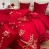 Juego de Cama de Boda de Cuatro Piezas, Algodón Puro de Boda, Sábana de Cama Rojo Brillante para Recién Casados, Funda de Edredón, Ropa de Cama de Boda