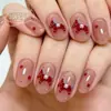 Arte de Uñas para Año Nuevo en Rosa Nude, Forma Ovalada Corta, Diseño de Pony Rojo, Estilo Dulce y Fresco, Puntas de Uñas Pre-fabricadas, Removibles