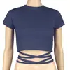 Venta caliente de verano Ins europeo y americano nuevo sexy camiseta ombliguera para mujer con tiras de encaje, top ajustado adelgazante con cordón, manga corta