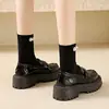 Zapatos casuales de cuero negro estilo británico, modernos y versátiles, combinan bien con faldas, zapatos de mujer con hebillas metálicas, mocasines casuales de suela gruesa para aumentar la altura