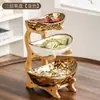Prato de Frutas Cerâmico Multicamadas Estilo Europeu para Uso Doméstico, Estrutura de Bambu Destacável, Acabamento Galvanizado, Prato para Doces, Prato para Frutas Secas