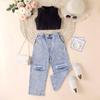 Ropa Infantil Transfronteriza Europea y Americana Conjunto de Dos Piezas para Niñas Verano Liso Sin Mangas Hombro Pulóver Pantalones Vaqueros Rasgados