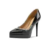 Sapatos de Salto Ultra Alto à Prova d'Água com Plataforma de Couro Patente de Boca Rasa 12cm para Mulheres, Salto Agulha Bico Fino com Strass para Comércio Exterior para Mulheres Baixas, Atacado