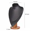 Soporte de Exhibición para Collares de Madera Maciza Color Nogal, Maniquí de Cuello, Soporte para Colgantes y Joyería, Soporte para Joyería de Cuello de Retrato, Superficie de Terciopelo de Cuero, Blanco y Negro