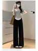 Pantalones de pierna ancha con textura de acetato estilo coreano de cintura alta estilo pijama estilo perezoso