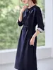 Vestido Nuevo Estilo Primavera 2026 con Cuello Redondo, Puños Rayados, Lazo para Cintura, Estilo Ol Elegante, Vestido Largo Adelgazante para Mujer