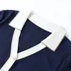 Polo de Punto Azul Marino Estilo Tweed de Manga Corta para Mujer, Lujo Accesible de Alta Gama, Moda Francesa Elegante, Top Holgado con Efecto Adelgazante