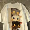 Camiseta de Algodão Puro Estampa de Gato Retrô Americana Manga Curta para Mulheres e Homens, Top Solto Tendência Verão Hip-Hop para Casais
