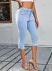 Calça jeans cropped azul claro, com elástico no bumbum, para mulheres, corte justo, que valoriza a silhueta, calça estilo lápis no tornozelo, transfronteiriça