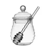 Frasco de miel de vidrio transparente de borosilicato para el hogar con tapa, varilla agitadora de vidrio, botella de miel, frasco de almacenamiento hermético de vidrio