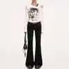 Calça Jeans Flare Elastizada de Cintura Baixa Estilo Americano Preto para Mulheres, Nova Moda Primavera e Outono, Slim-Fit, Calça Wide Leg Comprida