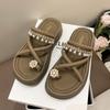 Sandálias de Strass Pérola Duas Formas de Usar Femininas 2025 Verão Novo Conjunto Dedos Fada Praia Solado Grosso Sandálias Fashion