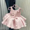 Vestido de Satén con Flor Tridimensional para Niña, Vestido de Princesa con Tirantes y Volantes, Vestido de Presentación para el Primer Cumpleaños de Bebé, Venta al por Mayor