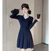 Vestido de Punto Estilo Francés para Mujer, Disparo Real Transfronterizo, Nuevo para Otoño e Invierno, Pequeño, de Alta Gama, Línea A, Vestido Base