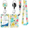 Cordão de poliéster com transferência térmica em formato de pena, fivela de liberação rápida de liga de zinco com epóxi arco-íris, porta-crachá de PVC com estampa floral