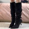 Otoño e Invierno Adelgazantes Nuevo Estilo Botas Slouch Botas de Mujer con Tacones Finos Casuales Plisadas Tacones Altos Diarios Retro