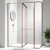 Cuarto de ducha personalizado con separación de zona seca y húmeda, baño de acero inoxidable, mampara en color oro rosa, diseño de puerta corrediza de vidrio templado