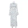 Elegante Vestido de Satén Estampado con Abertura para Mujer, Nuevo Estilo Otoño 2026, Cuello en V, Mangas Acampanadas, Cintura Alta, Elegante Vestido de Corte A