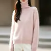 Suéter de Tricô Gola Alta de Lã Cashmere Novo Outono/Inverno Manga Longa Feminino Cor Sólida Escovado Solto Top de Lã
