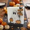 Suporte de Guardanapo de Madeira Pintado à Mão para Halloween Boo-Ville Fantasma Rústico Fazenda Corvo Abóbora Suporte de Guardanapo de Mesa