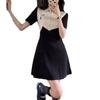 Vestido Preto Estilo Hepburn Francês com Recorte, Look Emagrecedor na Cintura, Fenda, Comprimento Médio, Minissaia, Falso Duas Peças