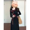 Vestido Negro Pequeño Estilo Hepburn Francés con Lazo de Manga Larga para Mujer 2025 Otoño Cubre Vientre Aspecto Adelgazante Falda de Longitud Media