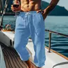 Novas Calças Jogger de Linho Masculinas para Verão, Calças de Praia com Bolsos, Cordão, Cintura Elástica, Cor Sólida, Confortáveis e Respiráveis