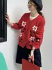 Casaco Suéter Jacquard Color Block Floral Estilo Coreano para Mulheres, Outono e Inverno Solto Tamanho Grande Cardigan de Tricô Top, Estilo Casual Japonês e Coreano