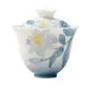 Estilo Dinastía Tang y Song Pintado a Mano Azul Degradado Lirio Cerámica Alto Valor Hogareño Tazón con Tapa Set de Té Kung Fu Tazón de Té de Pared Delgada