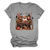 Camiseta feminina da Amazon Wish, transfronteiriça europeia e americana, de caimento solto, com estampas de bezerro de três cabeças, abóbora em carroça e folha de bordo, gola redonda, mangas curtas
