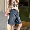 Shorts de mezclilla retro americanos de talla grande con línea A para mujer, shorts de verano de talle alto adelgazantes rectos de pierna ancha de largo medio para mujeres con curvas