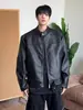 Jaqueta de couro para motocicleta estilo retrô americano, corte solto, gola alta, novo design de outono masculino, jaqueta de couro estilosa e casual