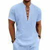 Camisa de manga corta de algodón y lino para hombre, de estilo transfronterizo, con cuello mao, corbata en V, holgada y transpirable, para la playa
